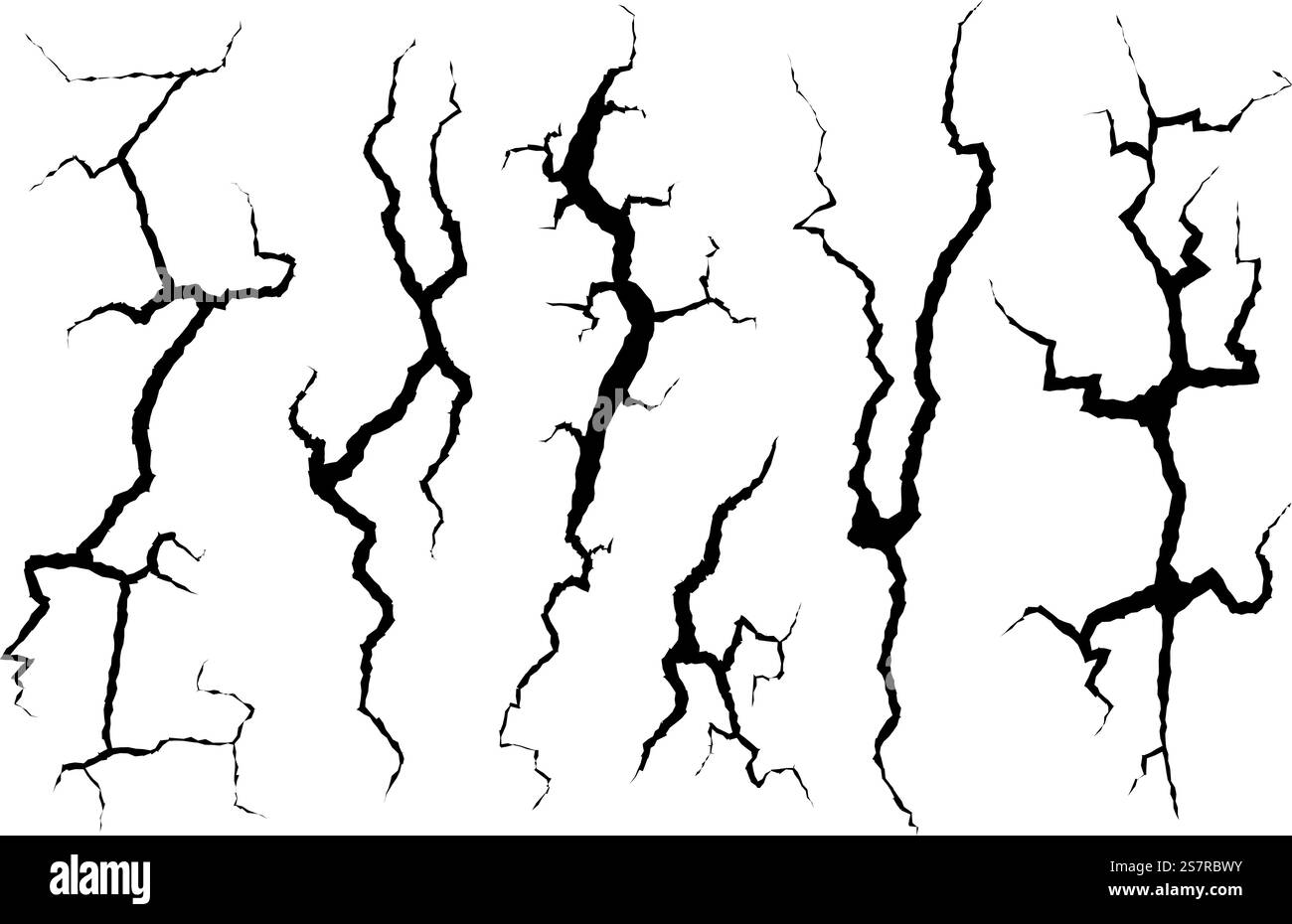 Cracks wall. Fracture structure surface, cleft broken dry lining wall or destroyed cracked glass, earthquake destruction, damage texture effect. Ground fracture hole silhouettes. Vector isolated set. Cracks wall. Fracture structure surface, cleft broken dry lining wall or destroyed cracked glass, earthquake destruction, damage texture effect. Ground fracture hole silhouettes vector set Stock Vector