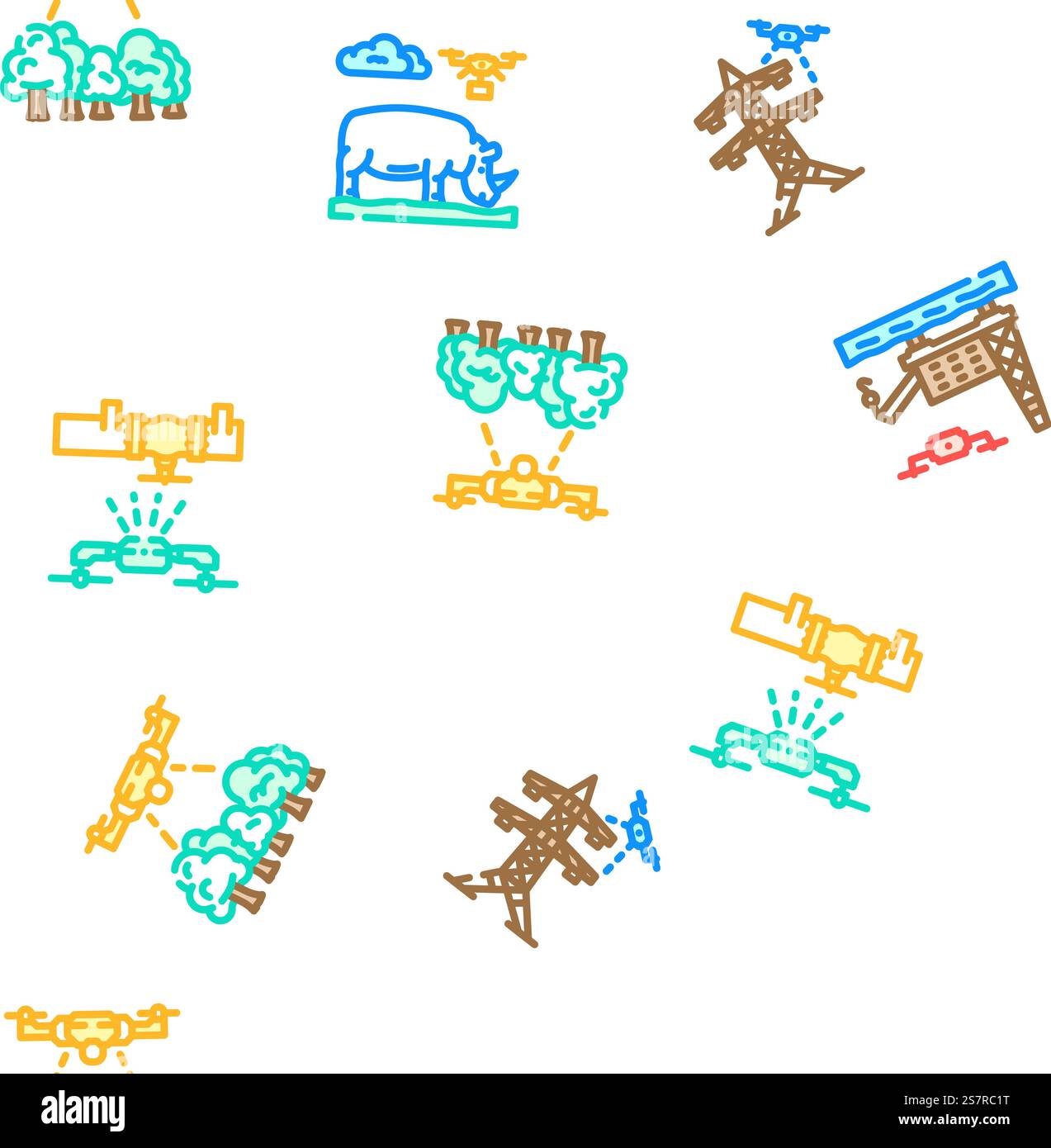 drone use technology vector seamless pattern thin line illustration. drone use technology seamless pattern vector Stock Vector