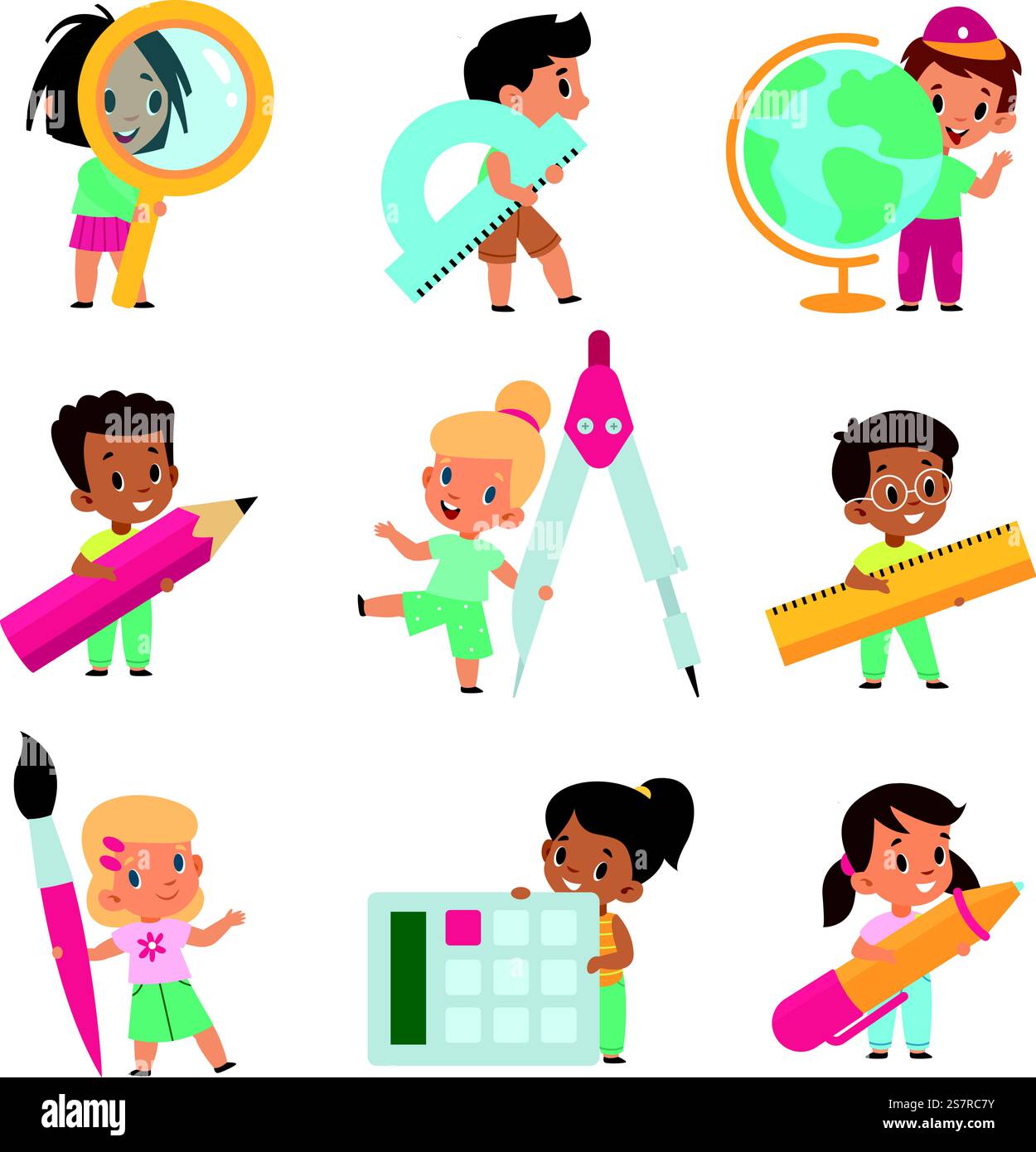 Back to school kids. Happy smiling children hold big school stationery ...