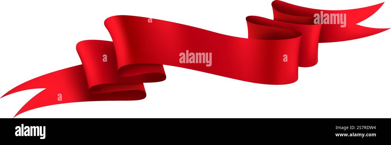 Red Ribbon Mockup Red silk ribbon mockup. Realistic decorative label isolated on white ...
