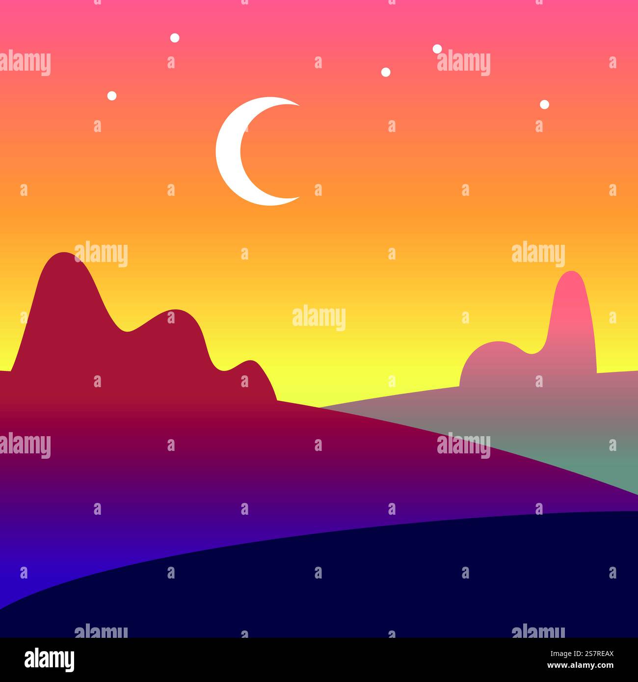 Twilight landscape. Moon crescent in light evening sky. Vector illustration. Twilight landscape. Moon crescent in light evening sky Stock Vector
