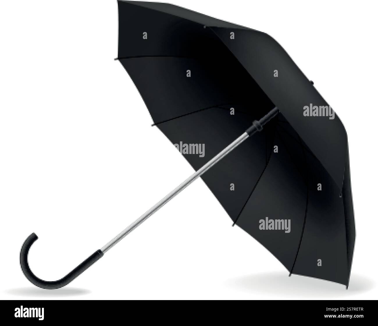 Open umbrella. Realistic black mockup. Side view weather object on ground with shadow, rain protect, parasol for branding, advertise and presentation single vector isolated on white background element. Open umbrella. Realistic black mockup. Side view weather object on ground with shadow, rain protect, parasol for branding, advertise and presentation single vector isolated element Stock Vector