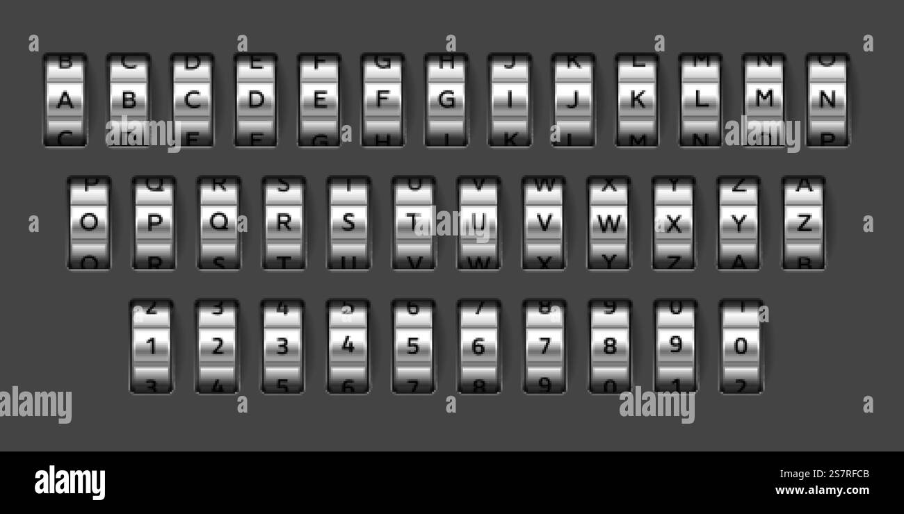 Combination lock font. Realistic mechanical code. Rotating alphabet. Bank safe metallic wheels set with letters and numbers. Secret options. Spinning elements kit. Vector vault opening signs variation. Combination lock font. Realistic mechanical code. Rotating alphabet. Bank safe wheels set with letters and numbers. Secret options. Spinning elements kit. Vector vault signs variation Stock Vector