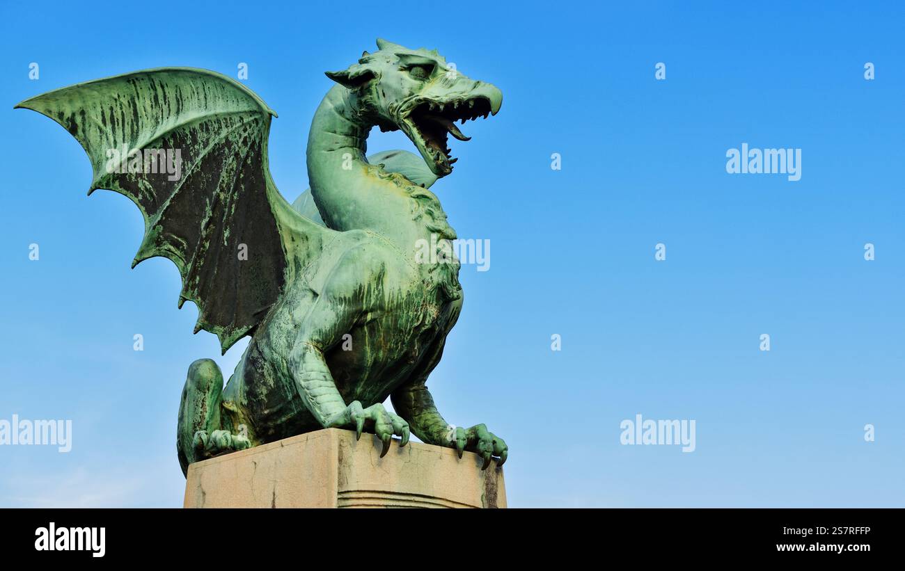 Dragon Statue on the Dragon Bridge. The Dragon is the Symbol of Ljubljana. Ljubljana, Slovenia Stock Photo