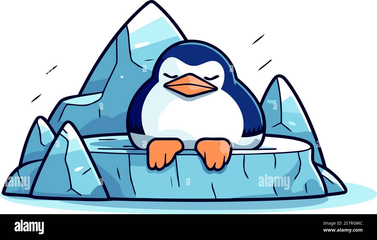 Cute penguin sitting on ice floe cartoon vector illustration Stock ...
