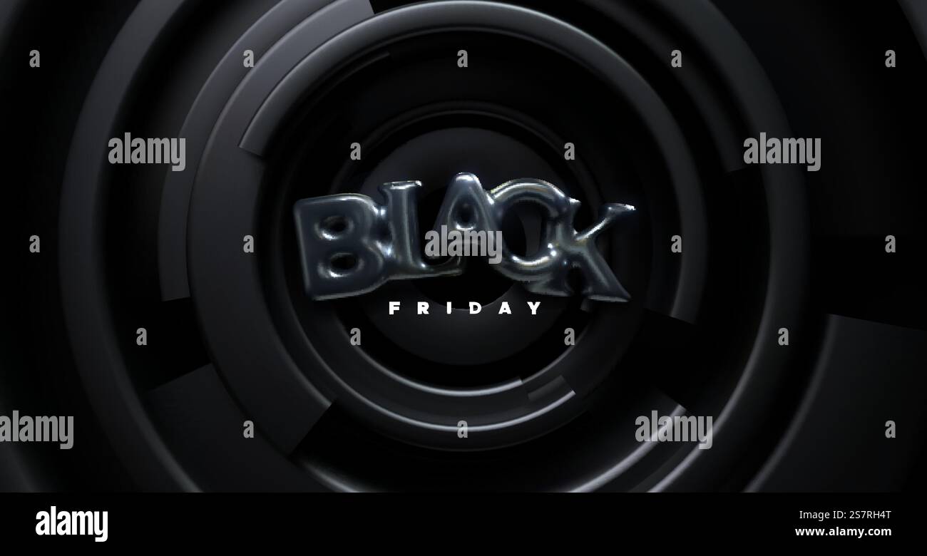 Black Friday sign. Vector 3d illustration. Black bubble letters with concentric shapes. Abstract geometric background. Sale or discount banner design. Black Friday sign. Vector 3d illustration. Stock Vector