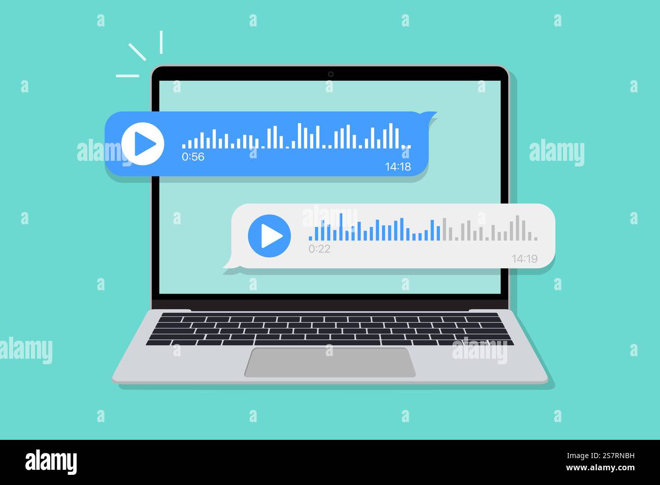 Laptop with voice message chat notification in a flat design Stock Vector