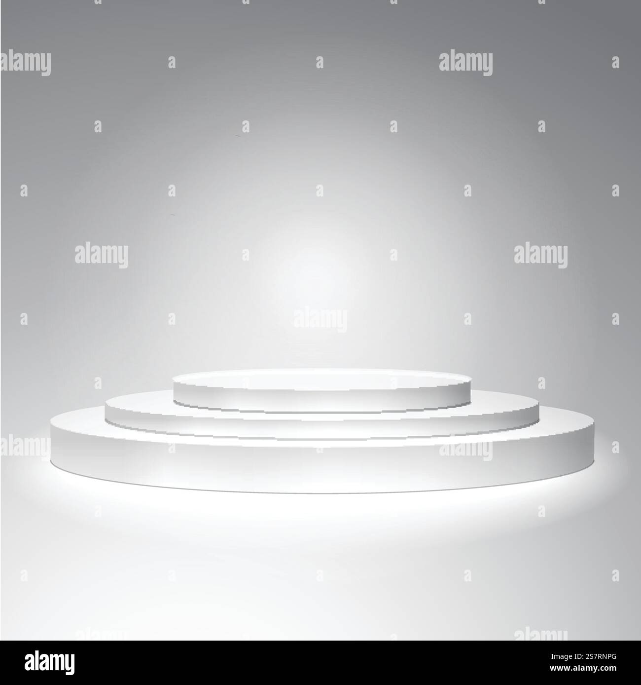 White podium. Presentation object. The scene of the three stages. Three steps. Cylinders. White obkty. Isolated on white background podium for perezentatsii. Baner.. White podium on grey background Stock Vector