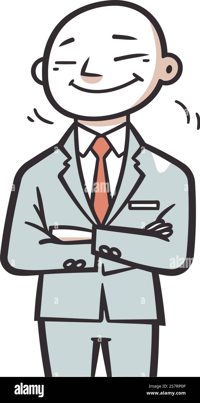 Vector illustration of a bald man in a business suit with folded arms ...