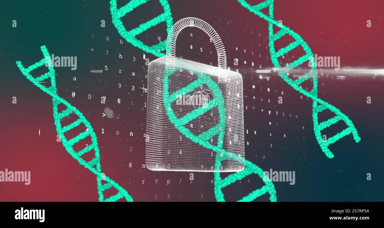 Image of dna strands, scientific data processing over padlock Stock Photo