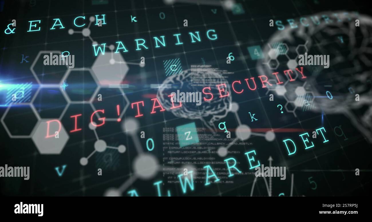 Image of warning text, human brains and scientific data processing Stock Photo