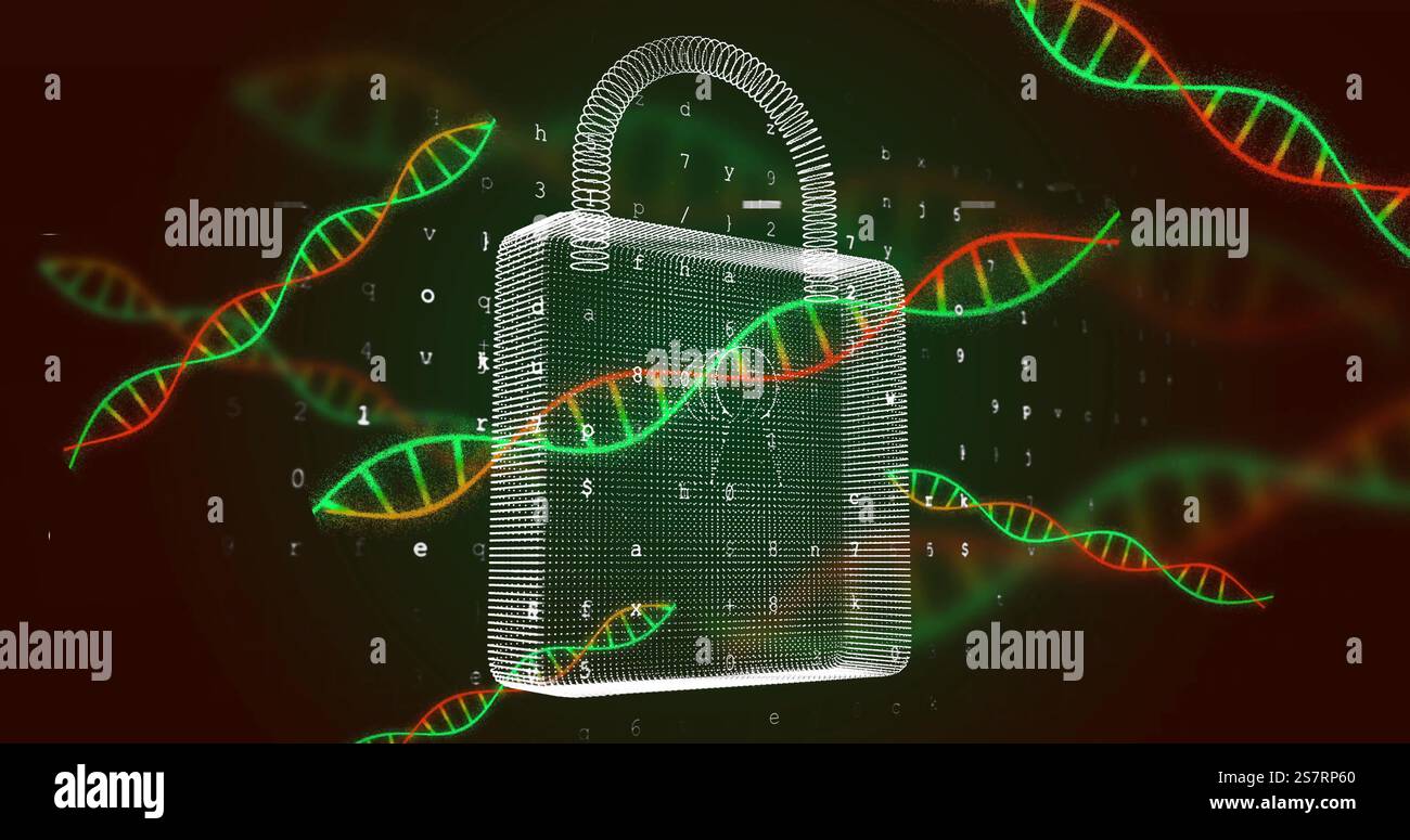 Image of dna strands, scientific data processing over padlock Stock Photo