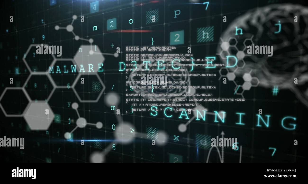 Image of warning text, human brains and scientific data processing Stock Photo