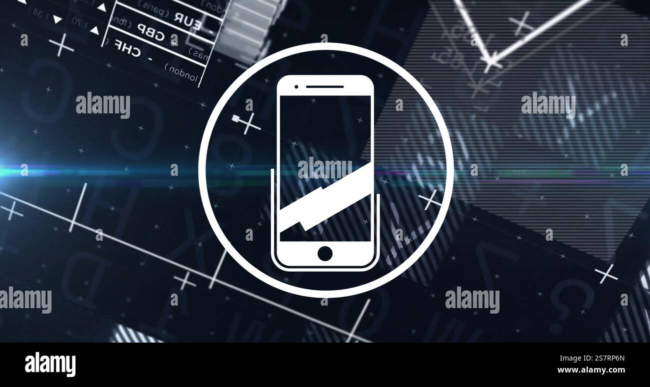 Image of smartphone icon over data processing on black background Stock Photo