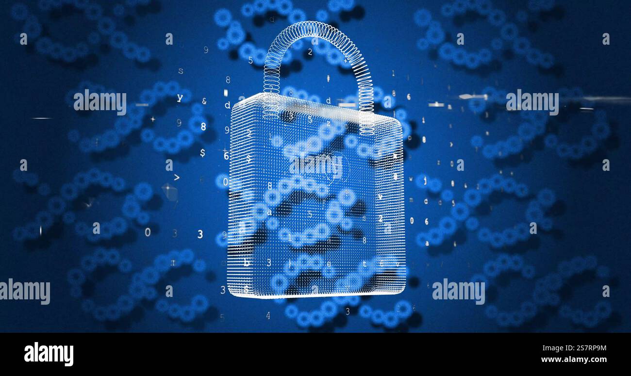 Image of dna strands, scientific data processing over padlock Stock Photo