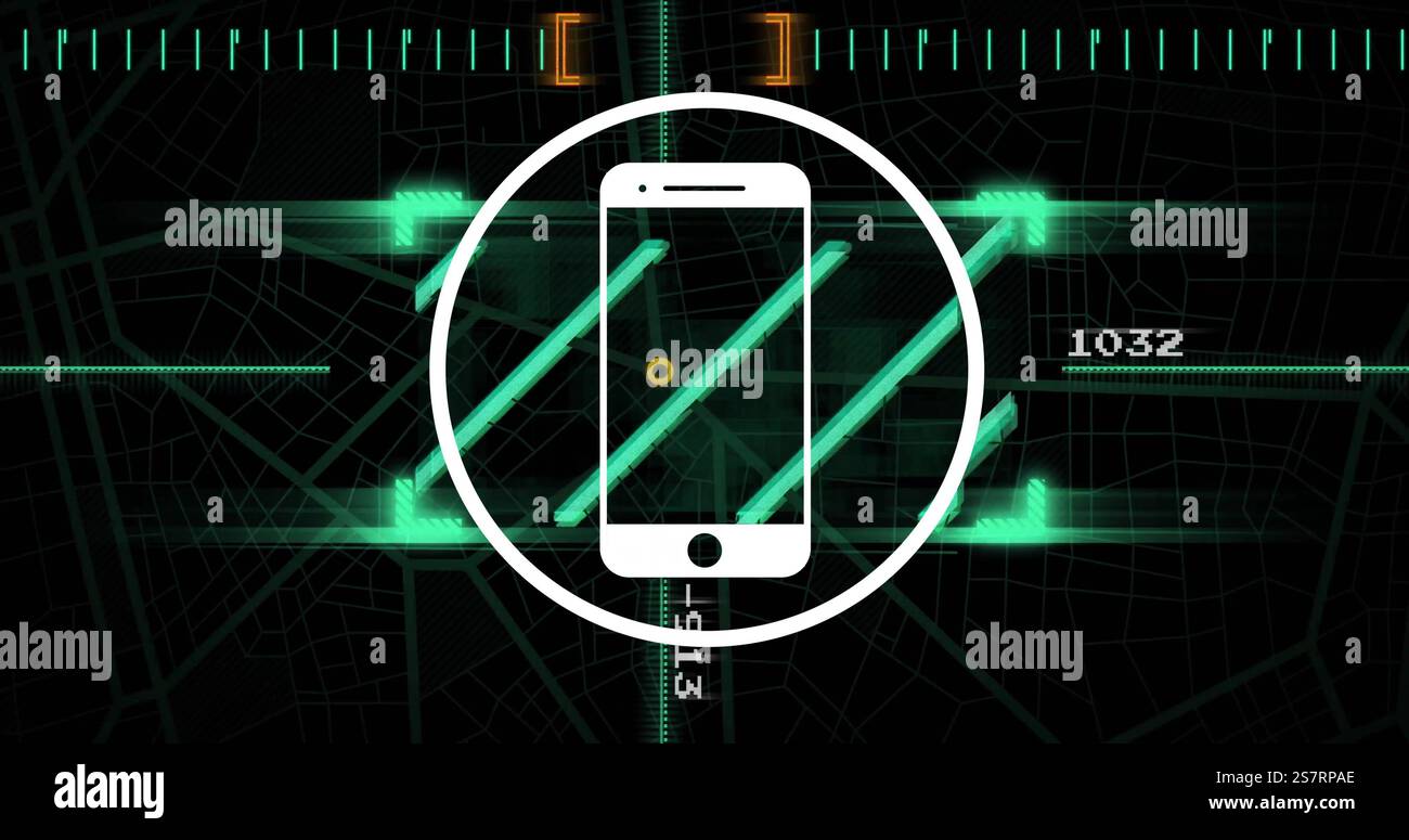 Image of smartphone icon over data processing on black background Stock Photo