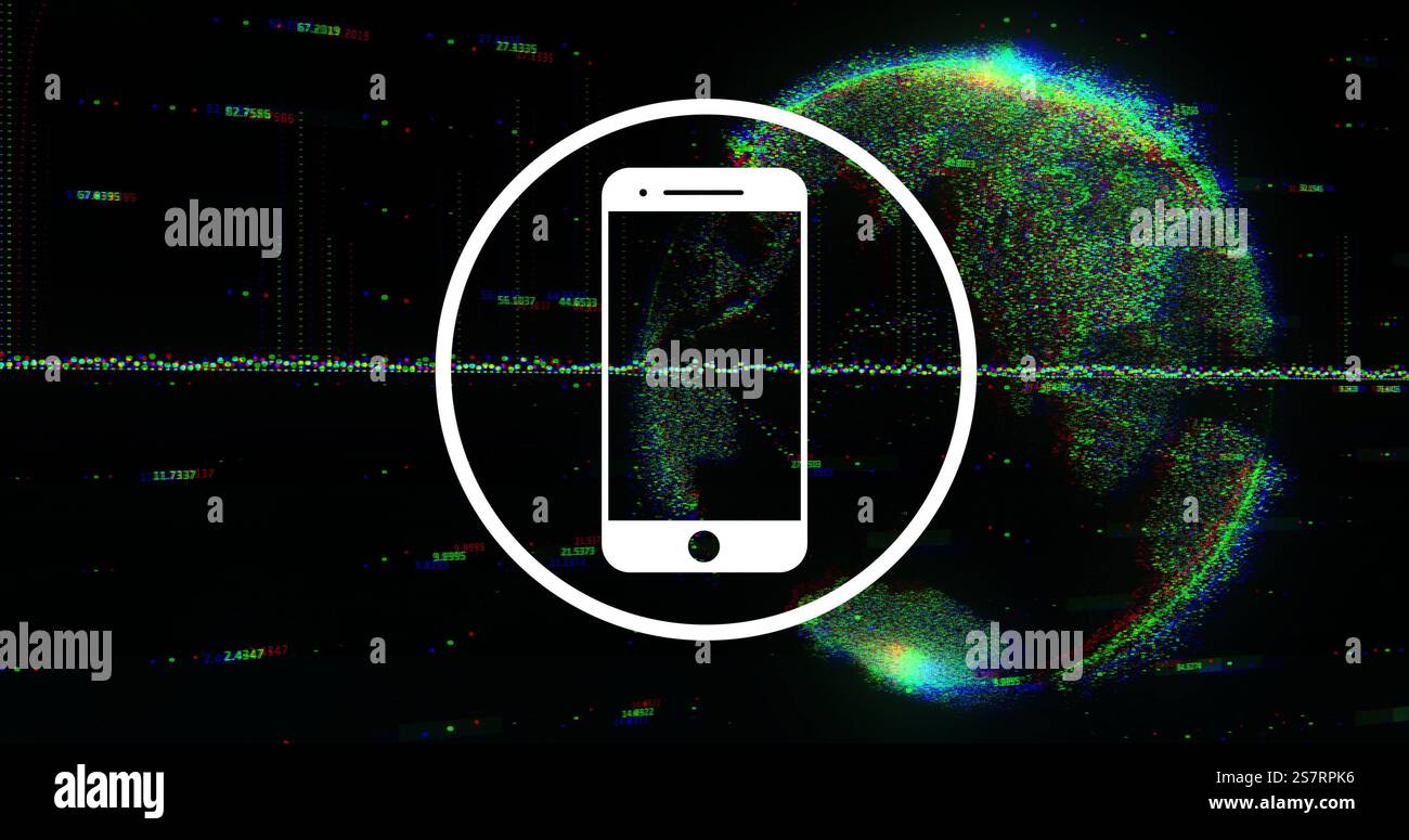 Smartphone icon image over digital globe with data points and glitch effects Stock Photo