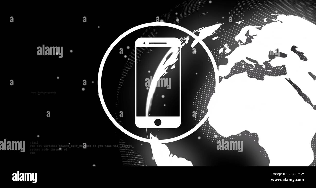 Smartphone icon image over digital globe and data processing background Stock Photo