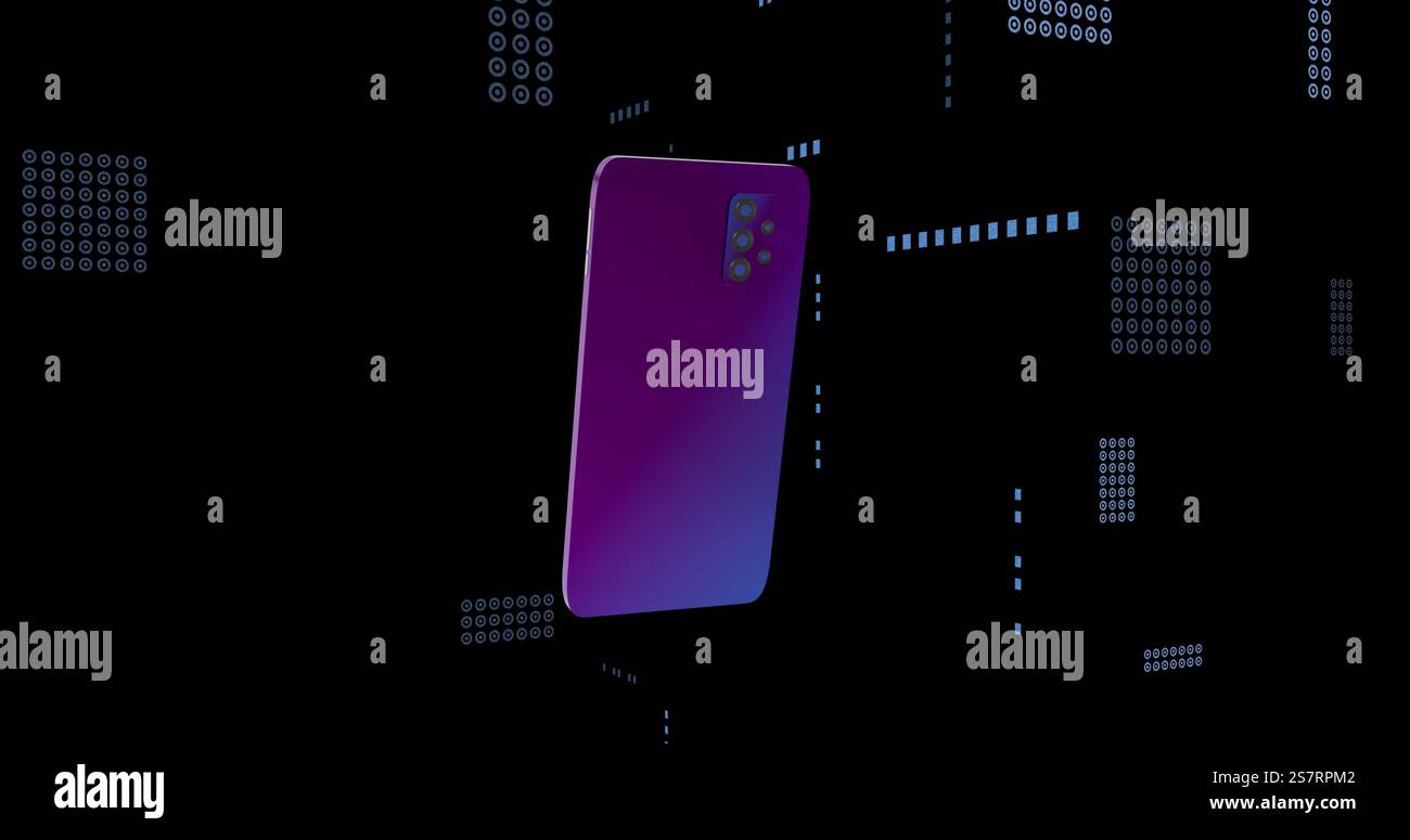 Smartphone with purple frame floating over digital data and binary code image Stock Photo
