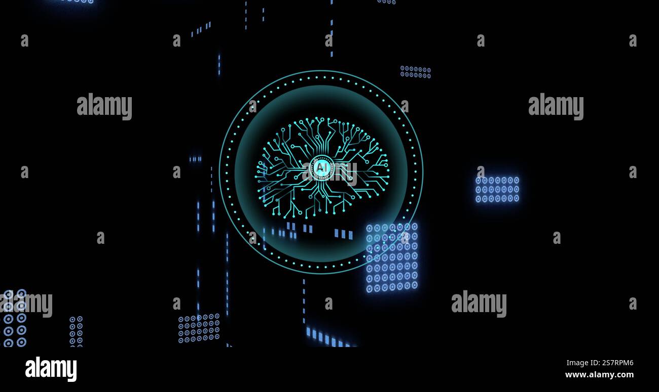 AI circuit and neural network image over digital data points on black background Stock Photo