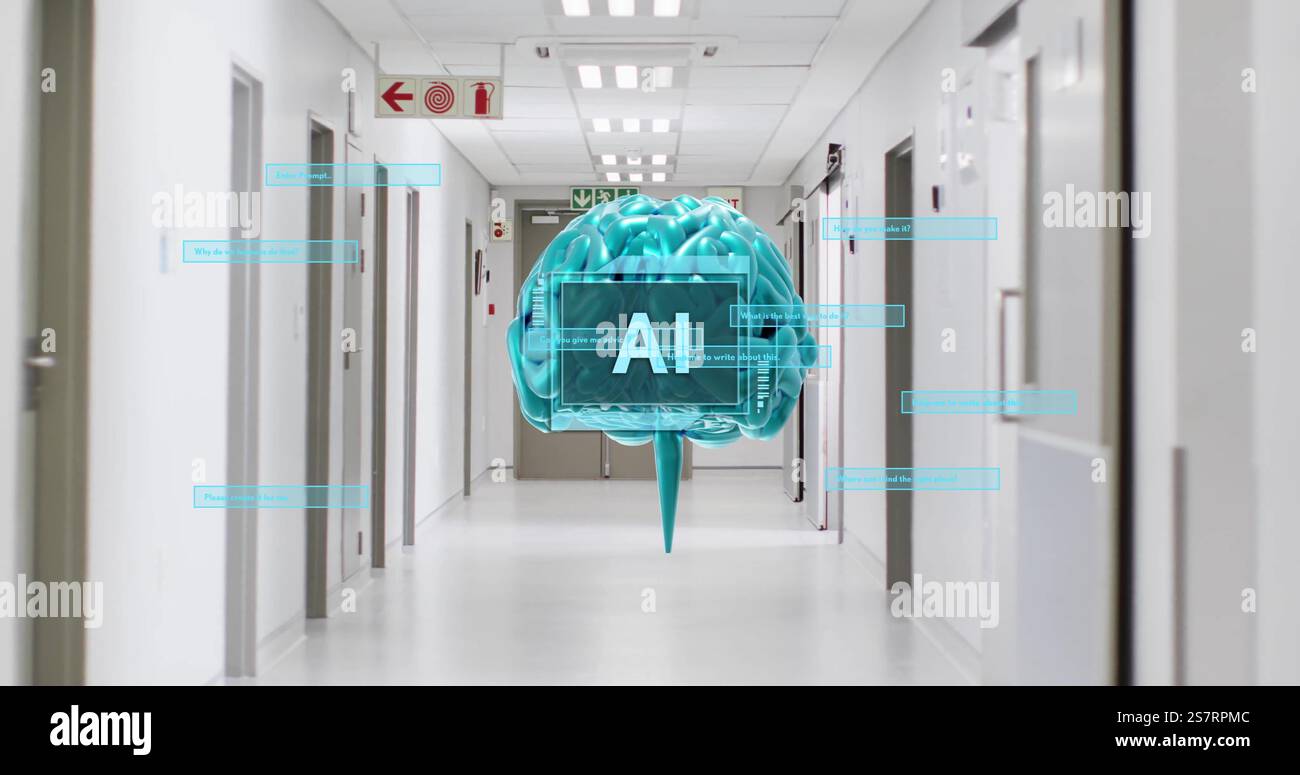 AI brain model and data processing image over hospital corridor Stock ...