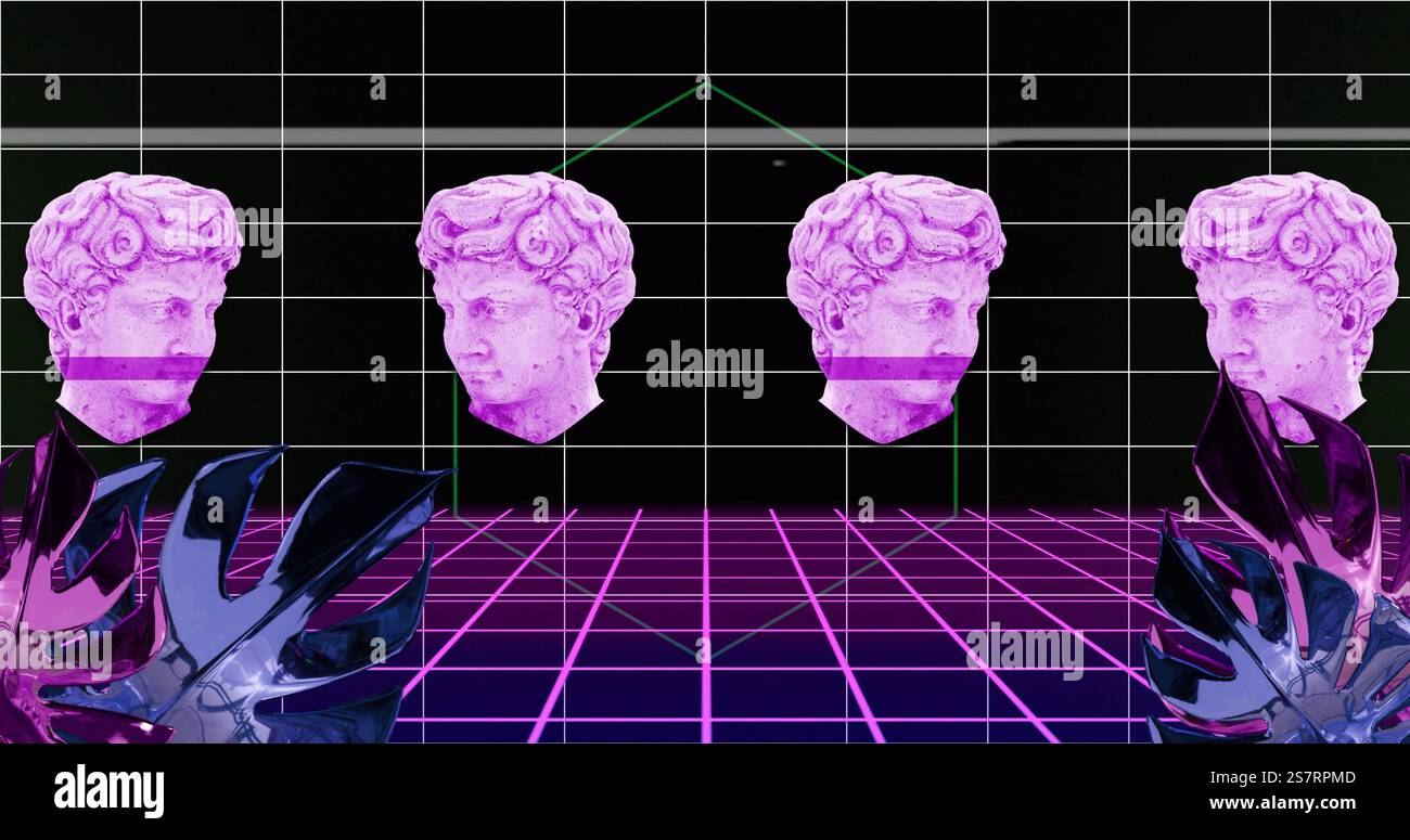 Three pink classical busts in image over neon grid and geometric shapes Stock Photo