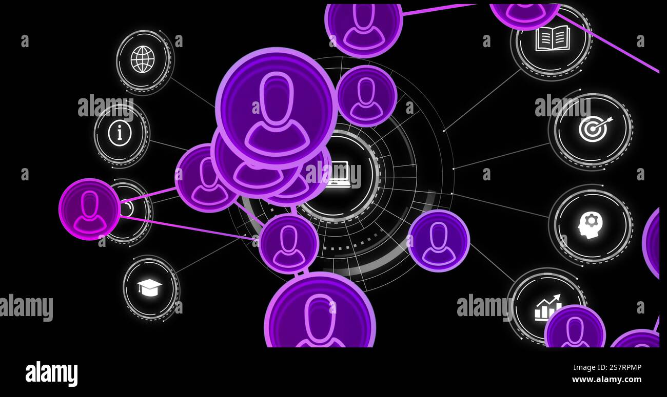 Network of connected user icons and data processing image over dark background Stock Photo