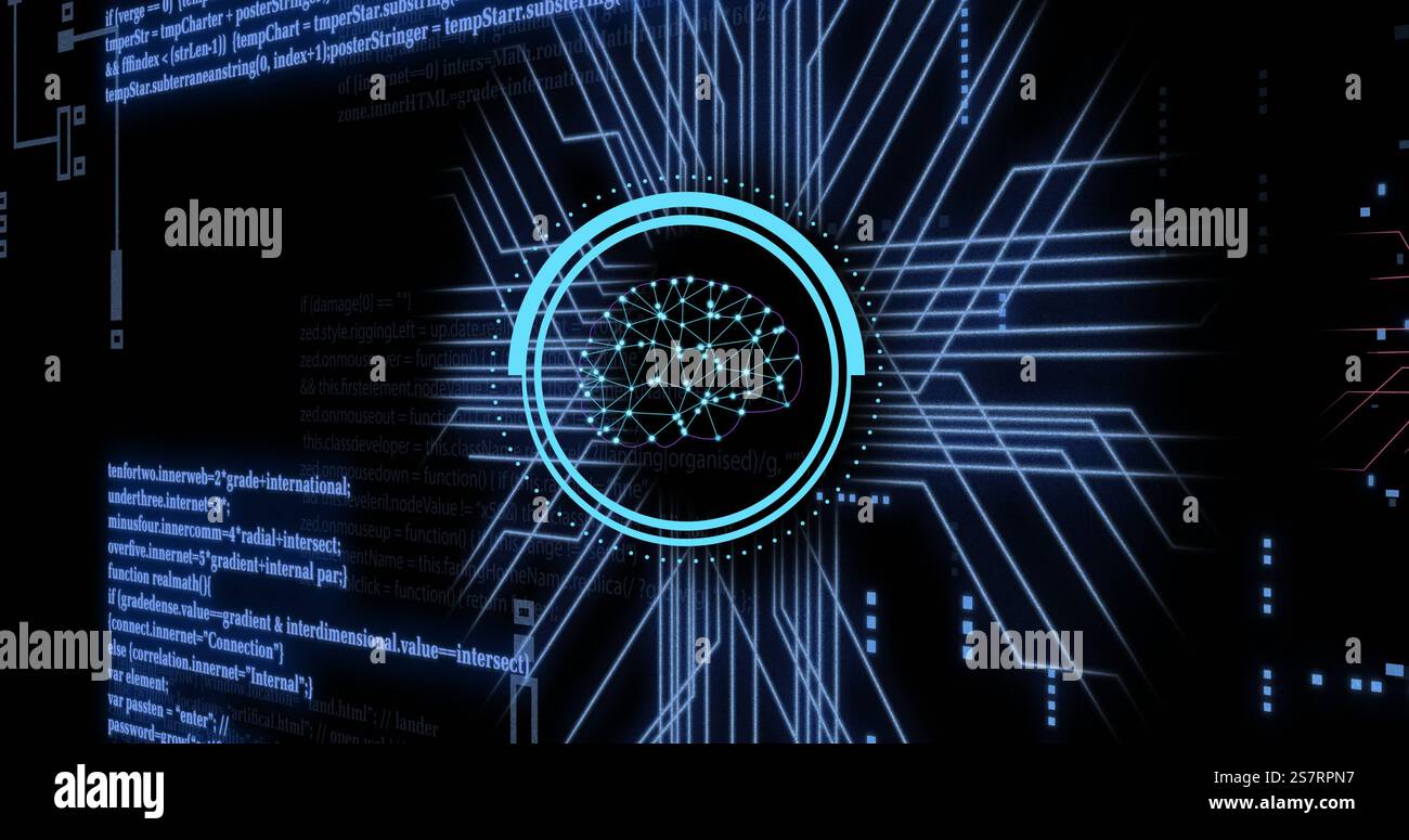 Digital brain and neural network image over futuristic blue lines on ...