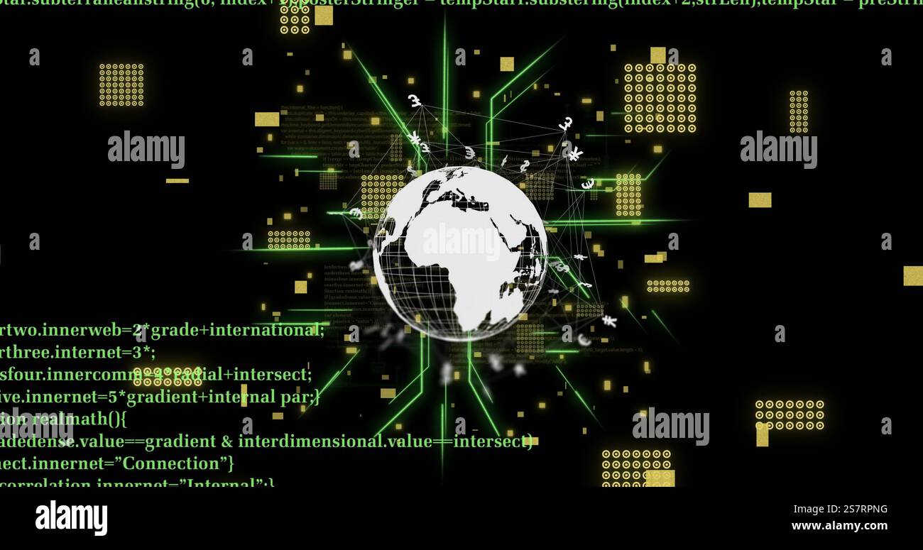 Digital globe and data processing image with green lines and yellow squares Stock Photo