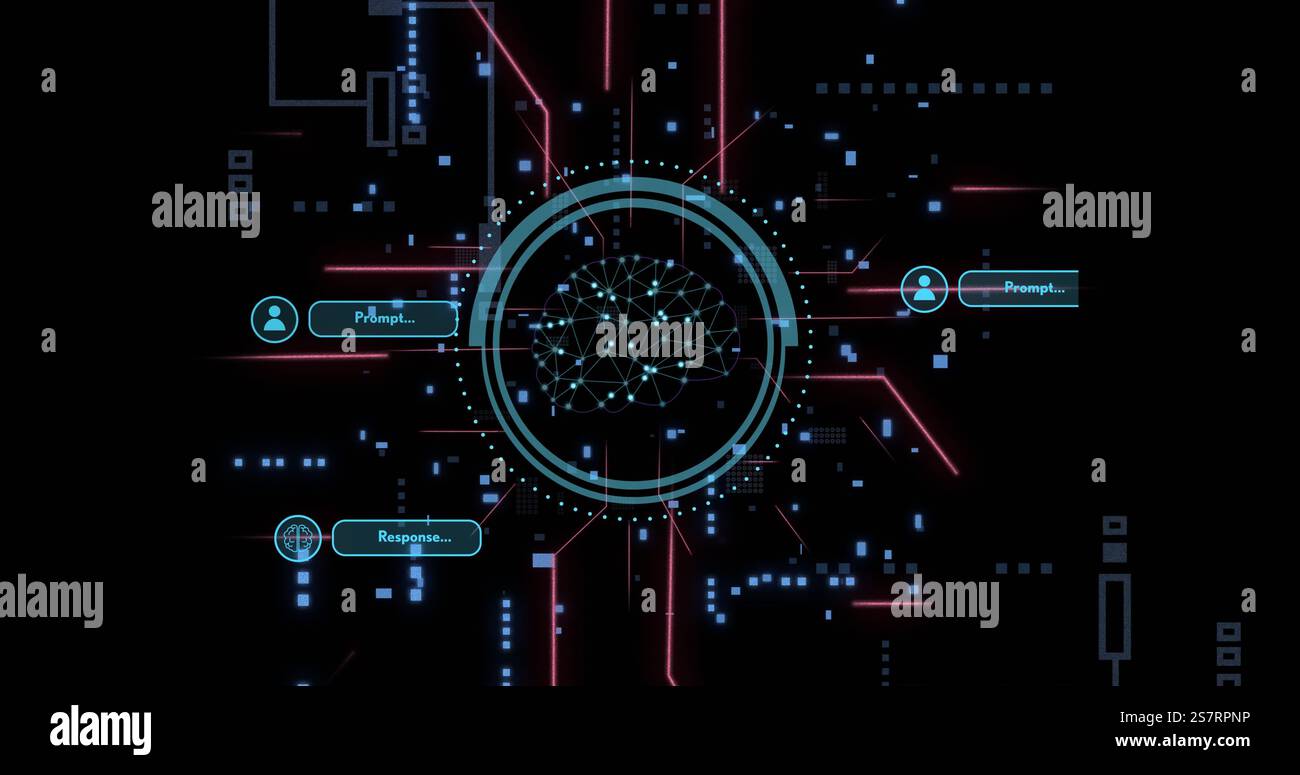 Digital brain network and data processing image over dark background with neon lines Stock Photo