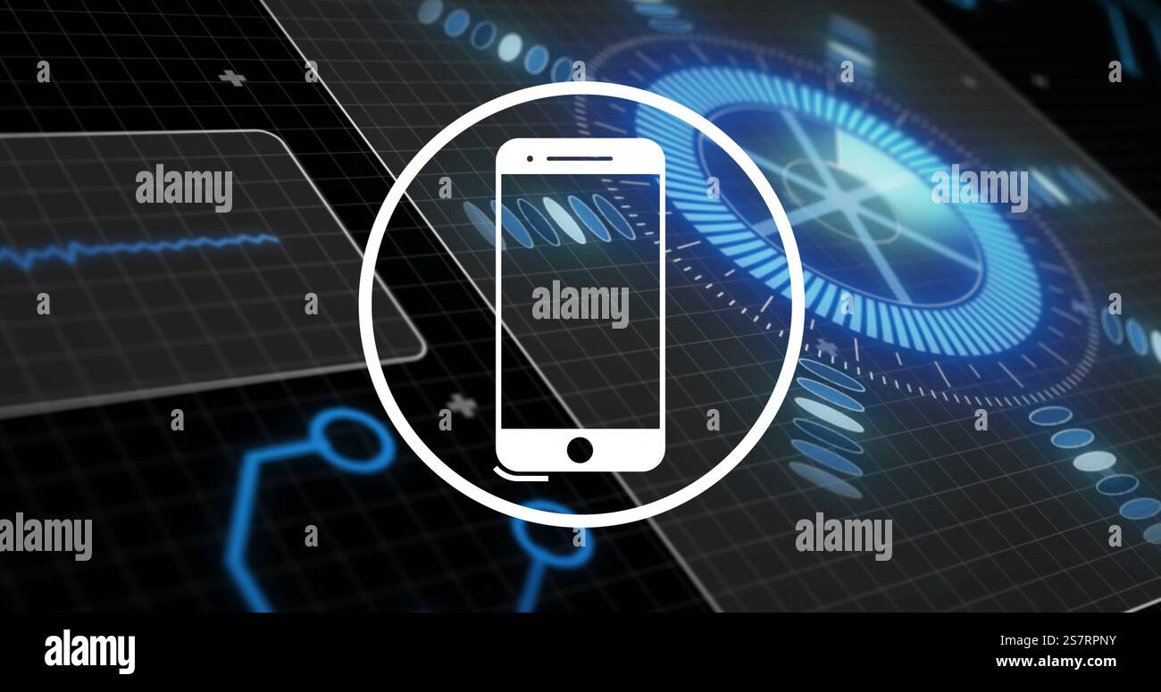 Smartphone icon image over digital interface with futuristic graphics Stock Photo