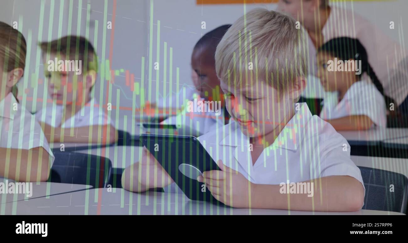Stock market data image over children using tablets in classroom Stock ...