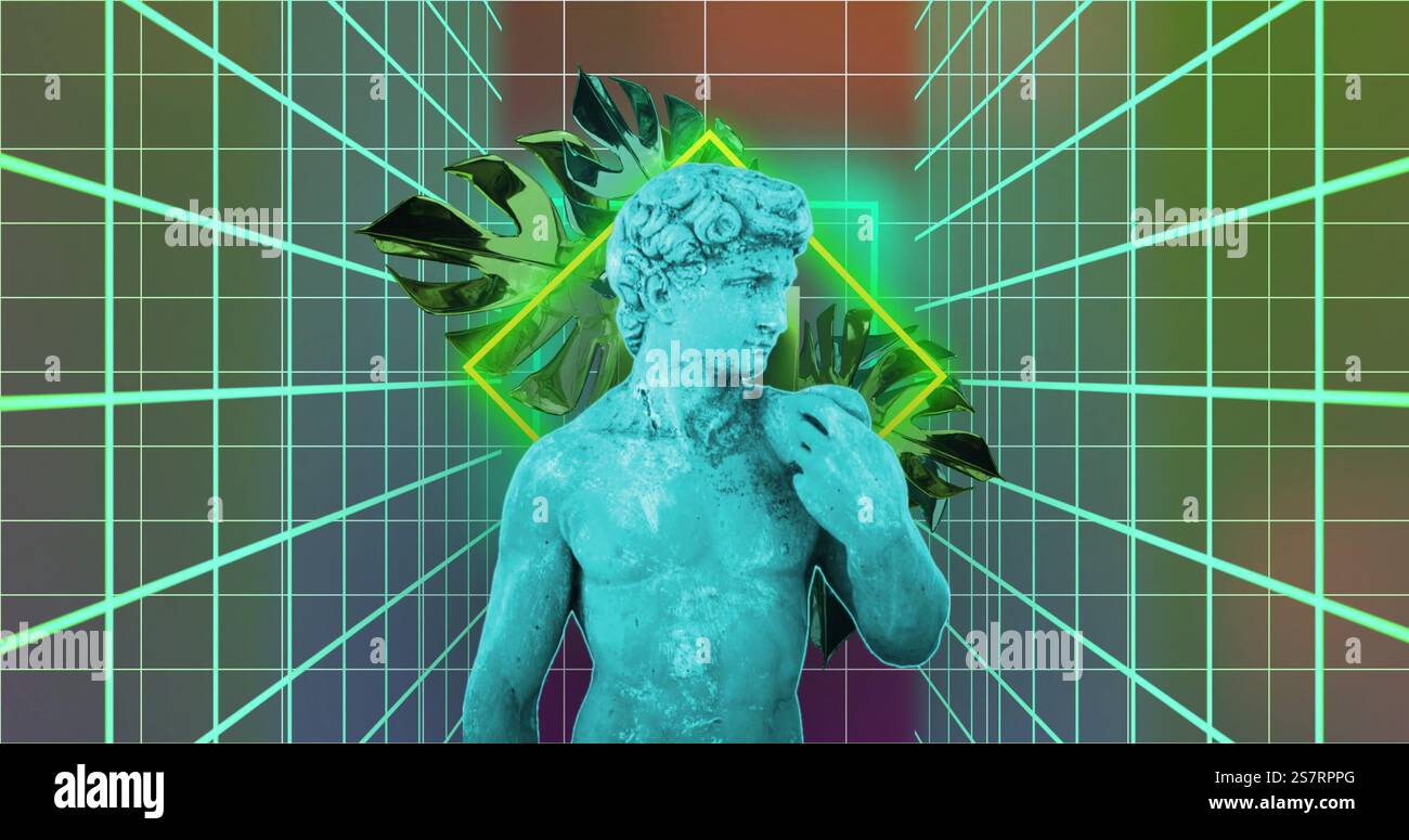 Green digital grid and geometric shapes image over classical statue Stock Photo