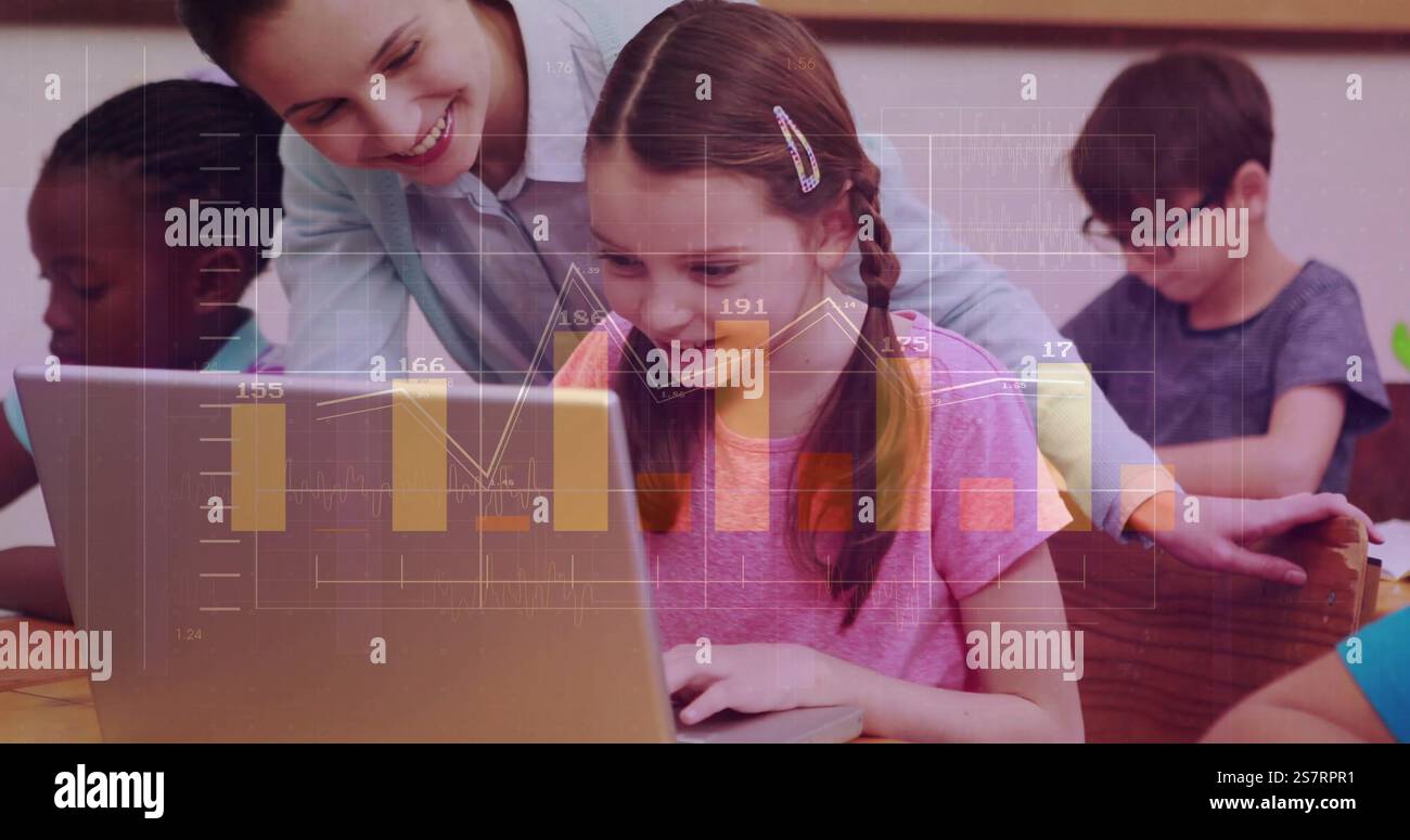Financial data charts image over children using laptops in classroom Stock Photo