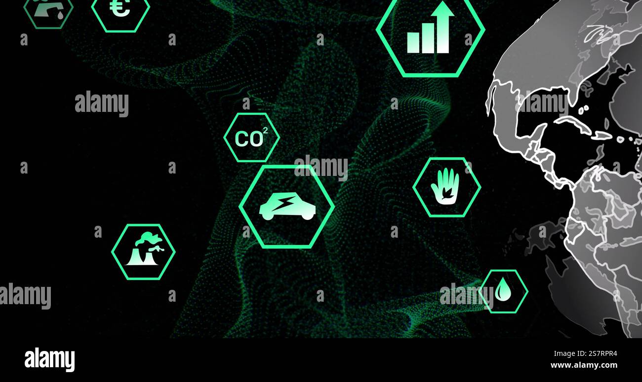 Global environmental data and energy icons image over rotating Earth Stock Photo