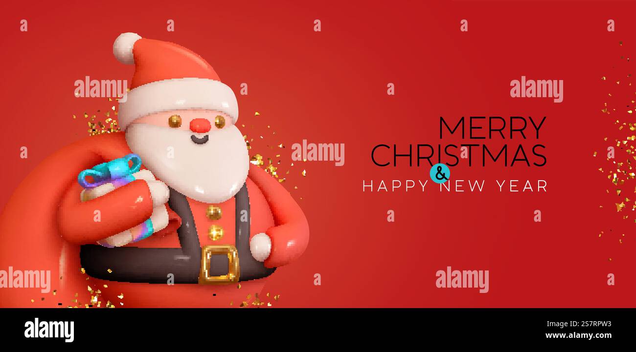 Merry Christmas and Happy New Year. Realistic 3d cartoon Santa Claus ...