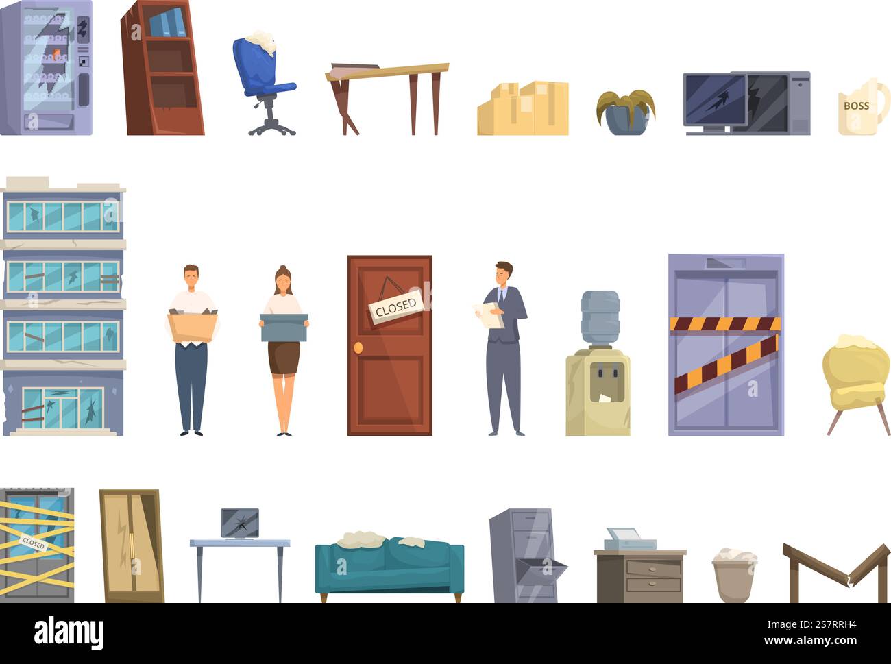 Abandoned office icons set cartoon vector. Broken customer service ...