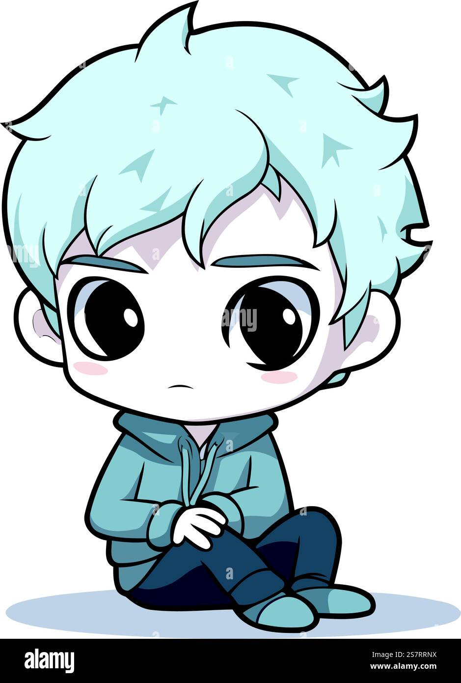 Cute little boy with blue hair sitting and smiling. Vector illustration ...