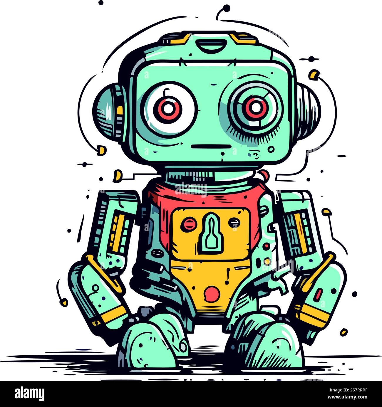 Vector illustration of cute cartoon robot. Hand drawn doodle style ...