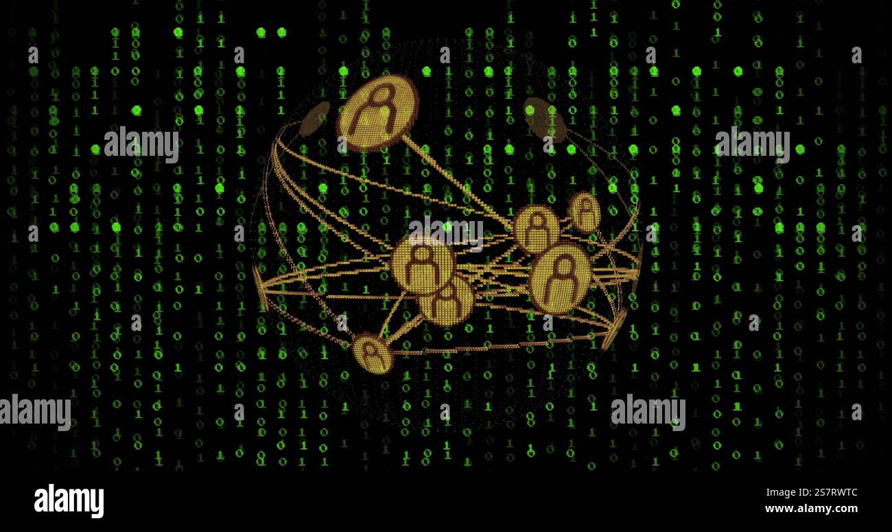 Image of network of connections with icons over binary coding Stock Photo