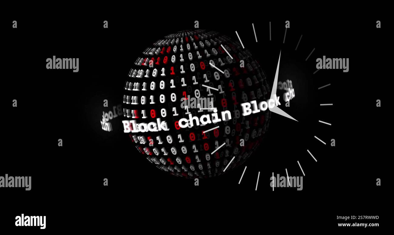 Image of globe with clock and block chain texts over binary coding Stock Photo