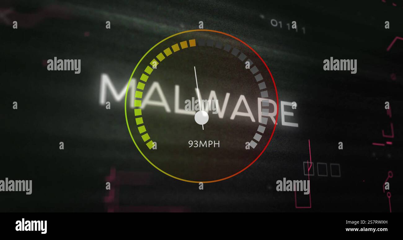 Image of speedometer over malware text and data processing Stock Photo