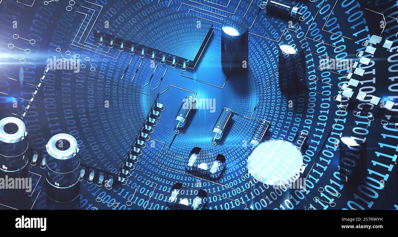 Image of spinning globe over computing board and binary coding Stock Photo