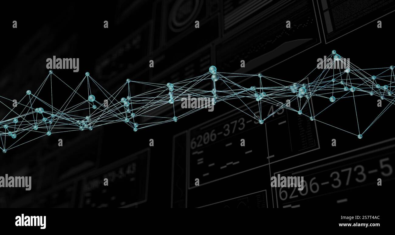 Image of statistics and digital data processing over dna strand on black background Stock Photo