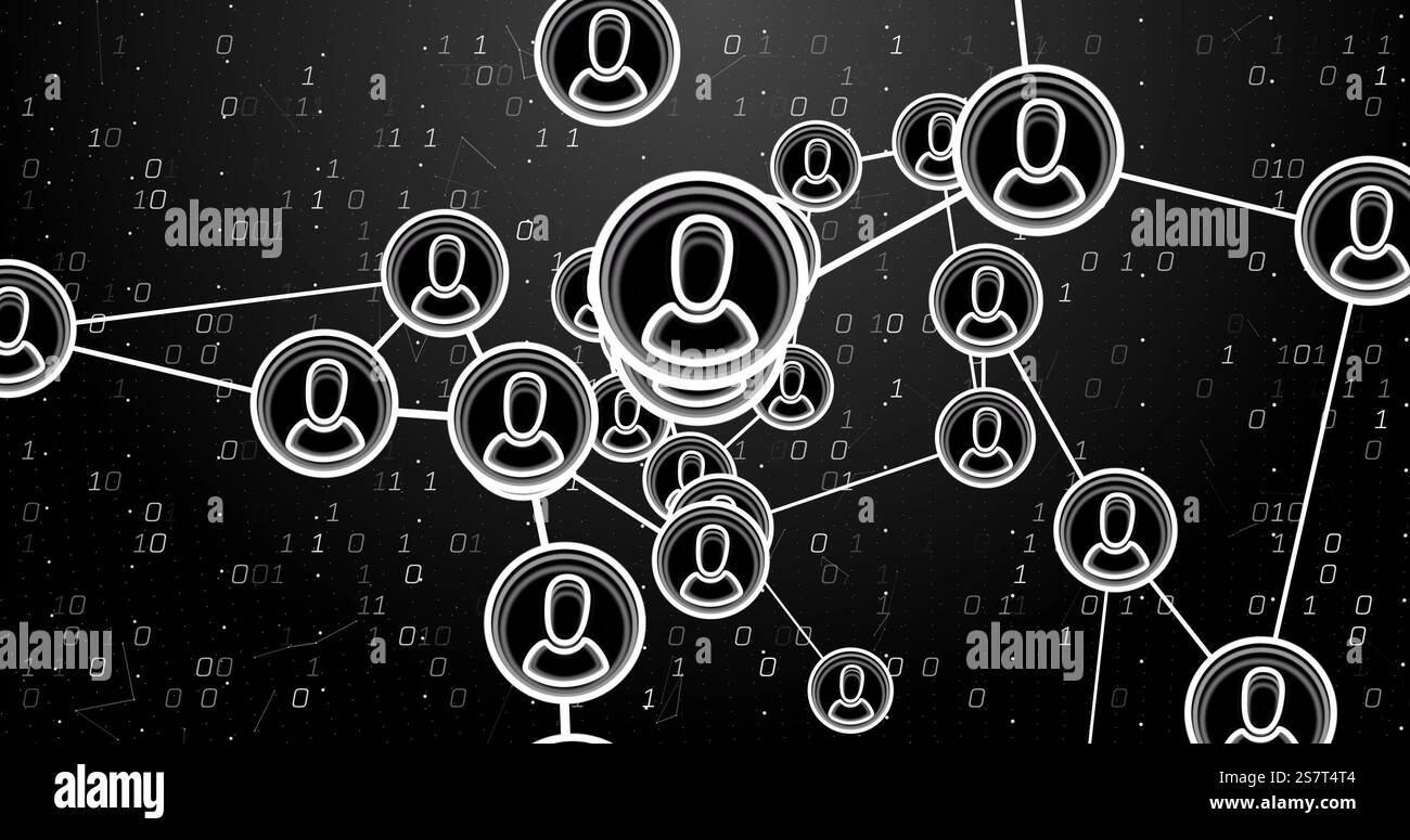 Image of network of connections with people icons and binary coding Stock Photo