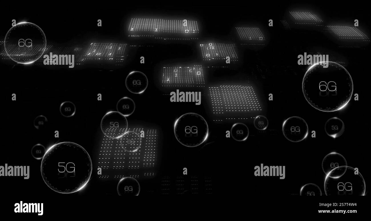 Image of digital data processing over 5g text and binary coding Stock Photo