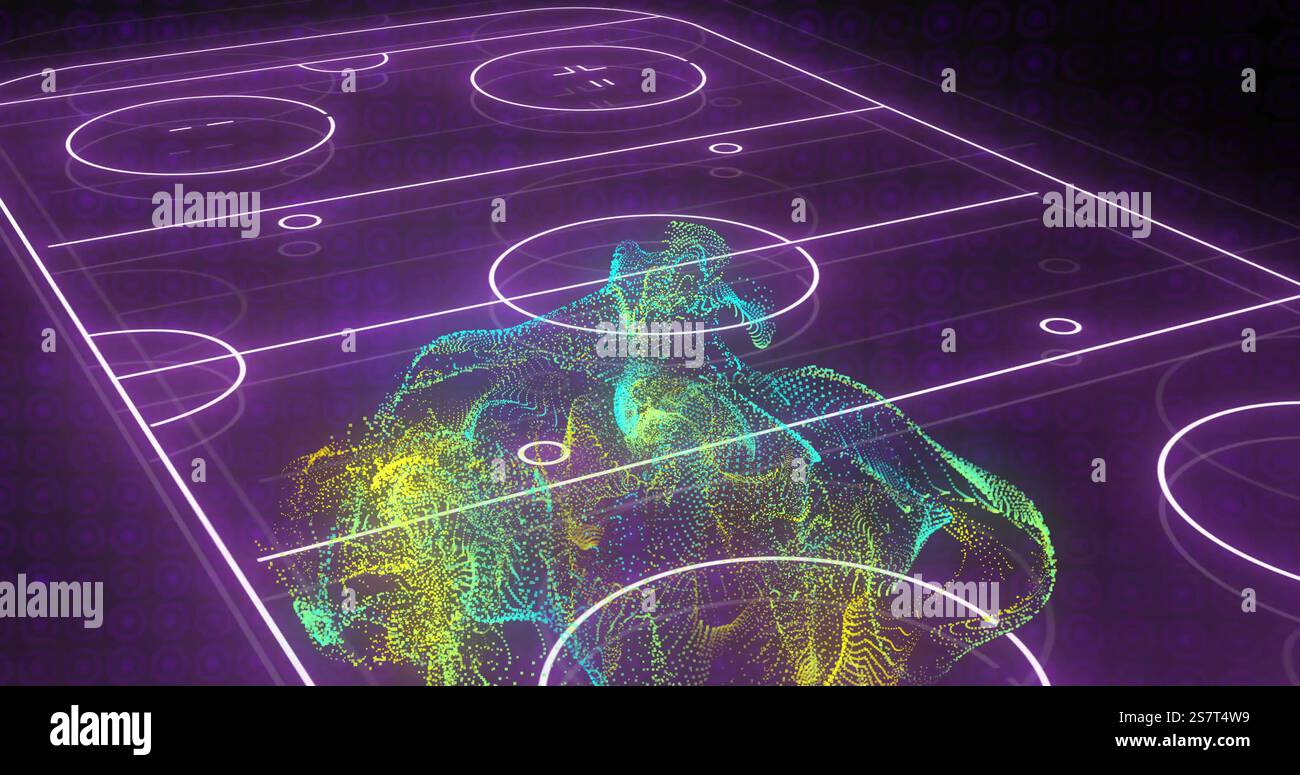 Basketball court with neon lines and abstract data processing image Stock Photo