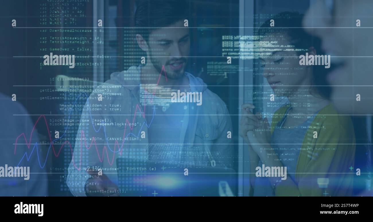 Financial data and coding image over business people discussing in office Stock Photo