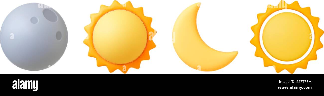 Various 3d sun and moon, crescent isolated icon. Realistic render of star and planet, full gray moon and yellow sunny. Celestial vector elements of sun and moon illustration. Various 3d sun and moon, crescent isolated icon. Realistic render of star and planet, full gray moon and yellow sunny. Celestial vector elements Stock Vector