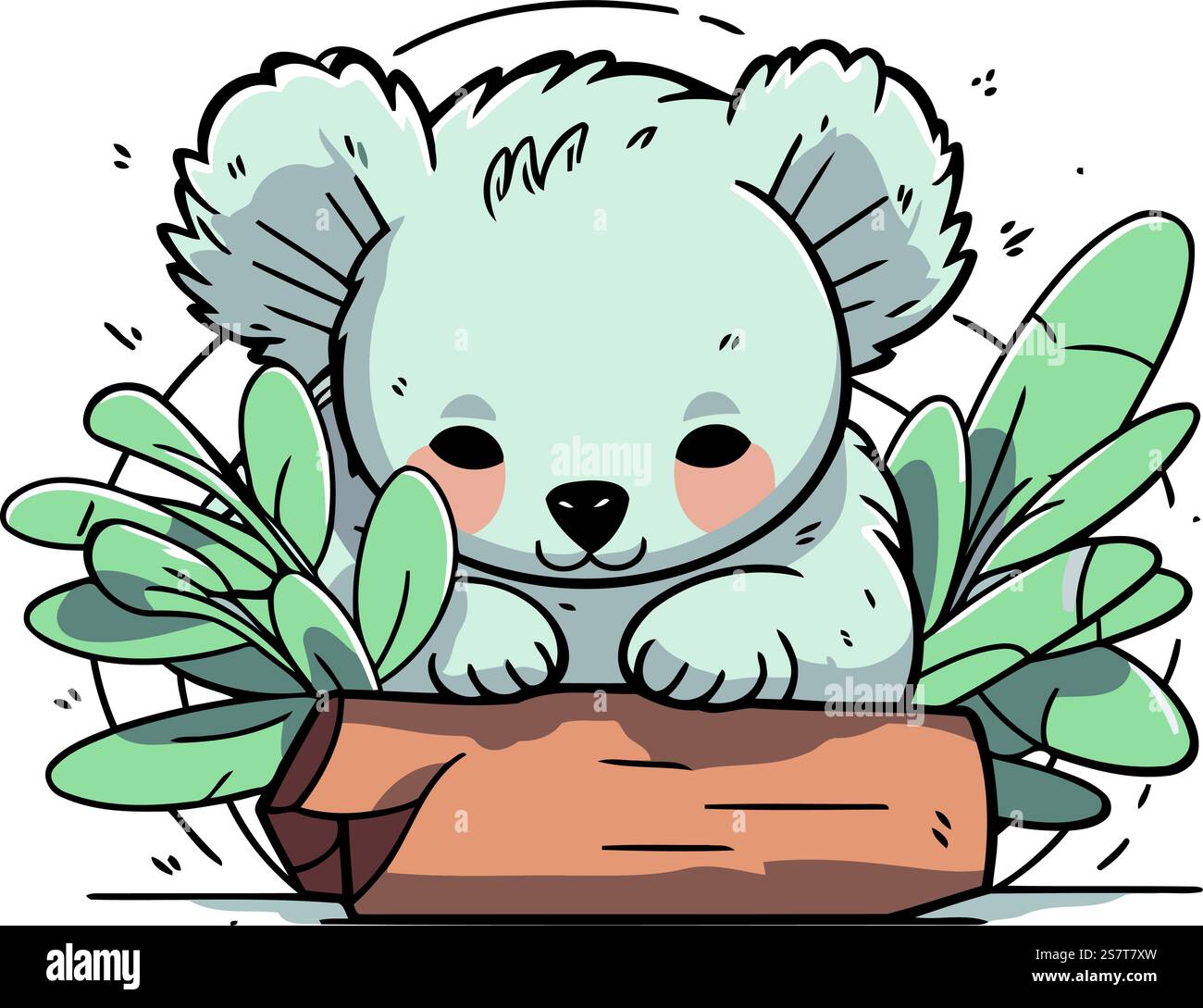 Cute koala sitting on a log with leaves. Vector illustration Stock ...